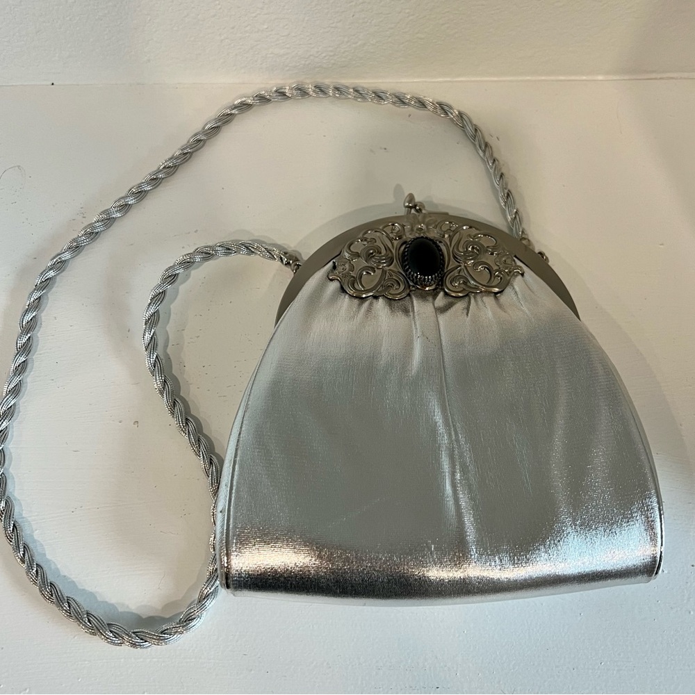 Vintage Silver Harry Levine Lame Purse Handbag With Mini Coin Purse, Rope Strap